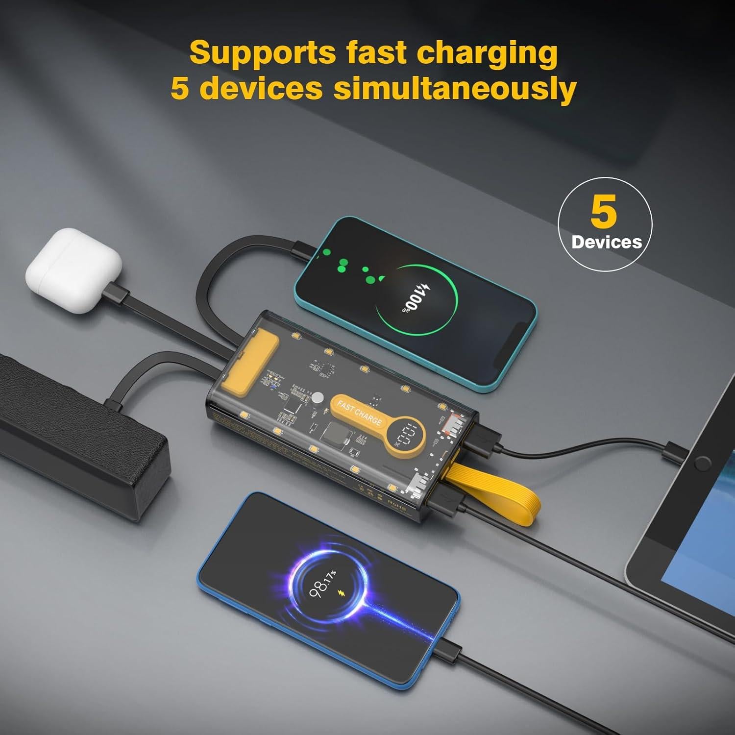 🔋 10000mAh Fast Charging Power Bank | 22.5W Portable Charger with Built-in Cables ⚡