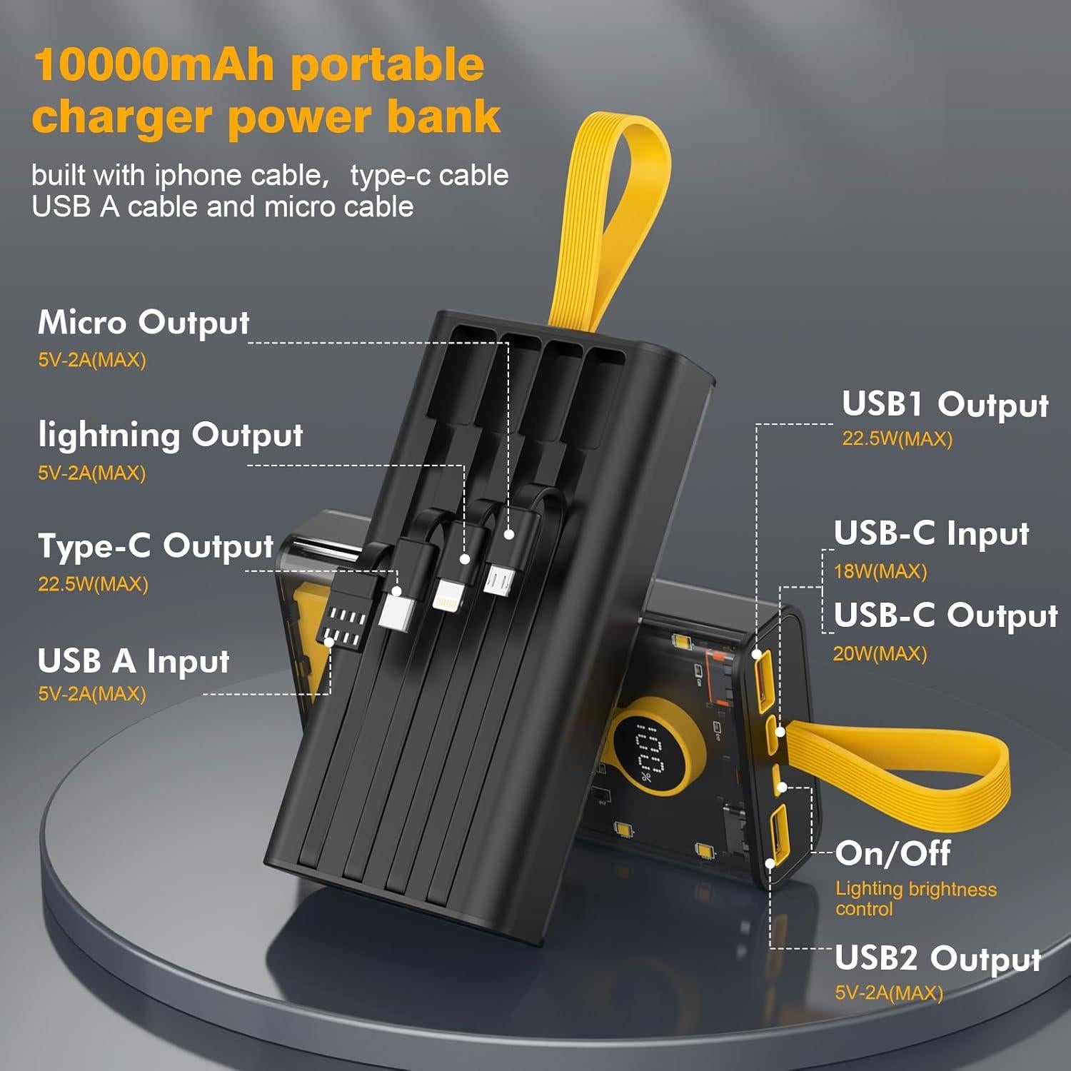 🔋 10000mAh Fast Charging Power Bank | 22.5W Portable Charger with Built-in Cables ⚡